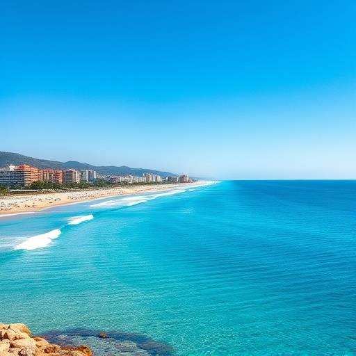 Una playa soleada en la Costa del Sol, con el mar Mediterr&aacute;neo azul y un cielo despejado.